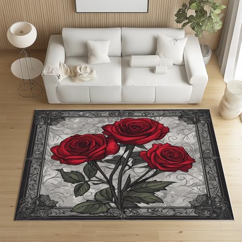 Biauyaii Geheimnis Stieg Blumen Teppich Schlafzimmer 240 x 340 cm Vintage Rose Teppiche rutschfest Waschbarer RugCarpet Weiche Kurzflor für Küche Esszimmer Kinderzimmer von Biauyaii
