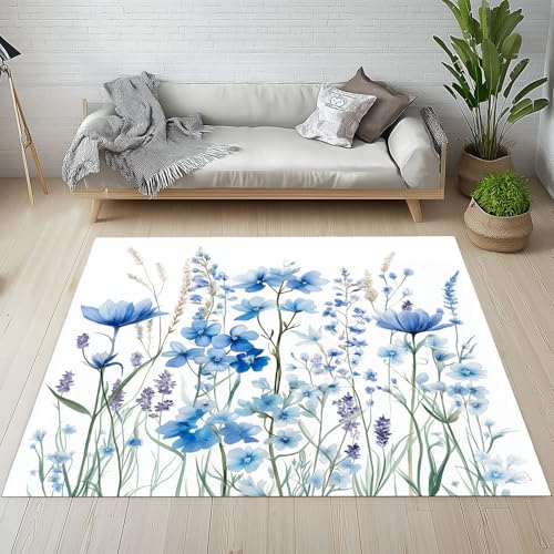Biauyaii Gradient Blumenmuster Teppich Wohnzimmer Weicher rutschfest 160 x 230 cm Aquarell Blumen Blühen Carpet Waschbarer Kurzflor Flanell Rug für Schlafzimmer kinderteppich Bettvorleger Küche von Biauyaii