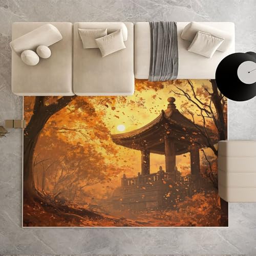 Biauyaii Herbst Gefallene Blätter Teppich Wohnzimmer Weicher rutschfest 120 x 170 cm Pavillon Carpet Waschbarer Kurzflor Flanell Rug für Schlafzimmer kinderteppich Bettvorleger Küche von Biauyaii