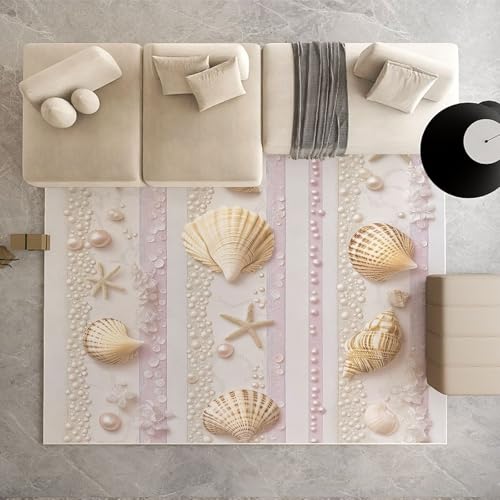 Biauyaii Hülse Perlen Rosa Teppich Wohnzimmer Weicher rutschfest 160 x 230 cm Seester Meereslebewesen Carpet Waschbarer Kurzflor Flanell Rug für Schlafzimmer kinderteppich Bettvorleger Küche von Biauyaii