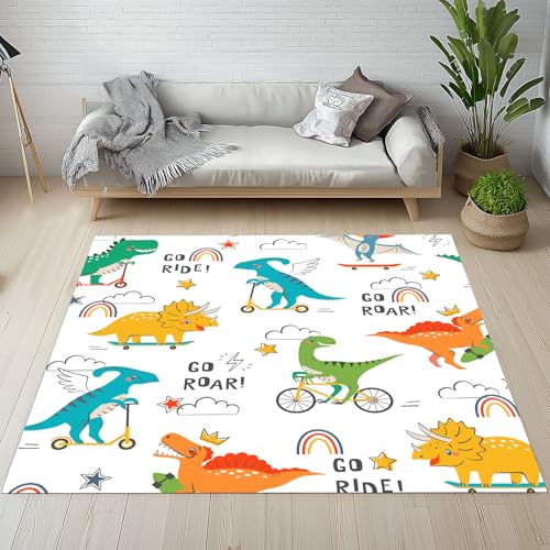 Biauyaii Karikatur Dinosaurier Tier Teppich Wohnzimmer Weicher rutschfest 120 x 170 cm Primitive Moderner Carpet Waschbarer Kurzflor Flanell Rug für Schlafzimmer kinderteppich Bettvorleger Küche von Biauyaii