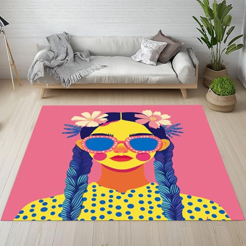 Biauyaii Karikatur Mädchen Teppich Wohnzimmer Weicher rutschfest 160 x 230 cm Bunt Pigment Porträt Carpet Waschbarer Kurzflor Flanell Rug für Schlafzimmer kinderteppich Bettvorleger Küche von Biauyaii