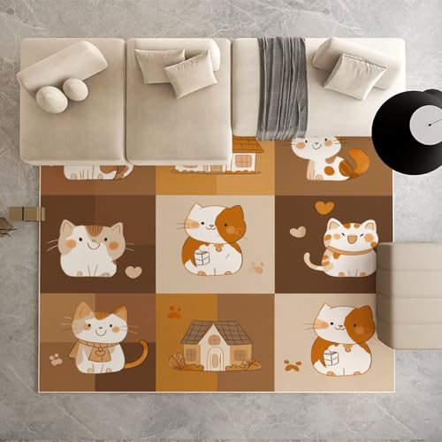 Biauyaii Karikatur Niedlich Kätzchen Teppich Wohnzimmer Weicher rutschfest 140 x 200 cm Katze Tiere Carpet Waschbarer Kurzflor Flanell Rug für Schlafzimmer kinderteppich Bettvorleger Küche von Biauyaii