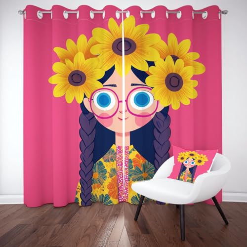 Biauyaii Karikatur Niedlich Mädchen Vorhang Verdunkelung H200 x B140 cm 2er Pack Sonnenblume Blumen Vorhänge Blickdicht für Balkontür Schlafzimmer mit Ösen Gardinen Thermovorhang Türvorhang von Biauyaii