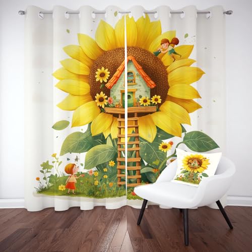 Biauyaii Karikatur Sonnenblume Vorhang Verdunkelung H200 x B140 cm 2er Pack Abstrakte Architektur Kunst Vorhänge Blickdicht für Balkontür Schlafzimmer mit Ösen Gardinen Thermovorhang Türvorhang von Biauyaii