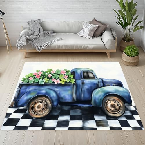 Biauyaii LKW Vierblättriges Kleeblatt Teppich Kinderzimmer Waschbarer rutschfest Rug Karikatur Ölgemälde Teppich Weiche Kurzflor 80 x 150 cm Carpet für Wohnzimmer Schlafzimmer Bürostuhl Küche von Biauyaii