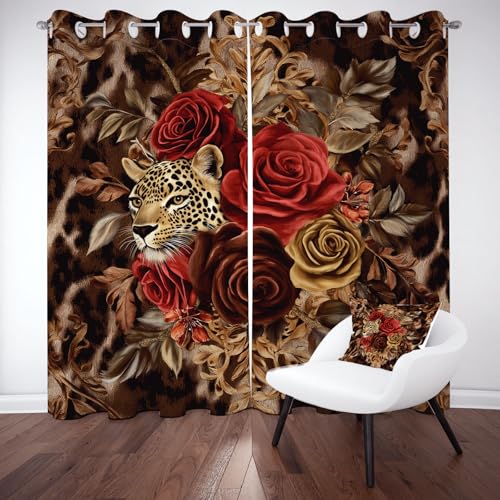 Biauyaii Leopard Blühen Stieg Gardinen Blickdicht Thermovorhang Kälteschutz Abstrakte Pflanze Tier Vorhänge Verdunklungs Wohnzimmer 245 x 140 cm (2er Pack) Gardinen Mit Ösen, Schallschutz Vorhang von Biauyaii