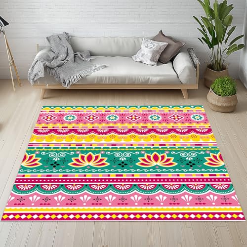 Biauyaii Lotus Geometrie Muster Teppich Kinderzimmer Waschbarer rutschfest Rug Rustikaler Ethnischer Stil Teppich Weiche Kurzflor 80 x 150 cm Carpet für Wohnzimmer Schlafzimmer Bürostuhl Küche von Biauyaii