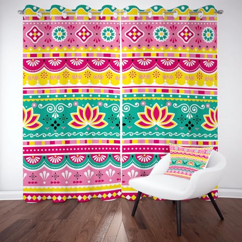 Biauyaii Lotus Geometrie Muster Vorhänge Verdunkelung Hitzeschutz Rustikaler Ethnischer Stil Gardinen Thermovorhang mit Ösen 137x117 cm (2er Pack) Vorhänge Blickdicht Wohnzimmer Schlafzimmer von Biauyaii