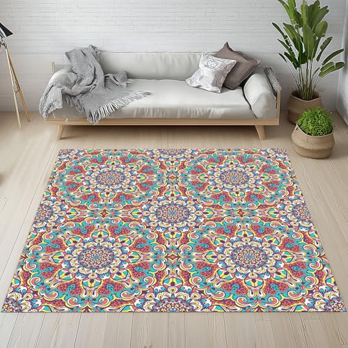 Biauyaii Mandala Blumen Druckmuster Teppich Schlafzimmer 180 x 270 cm Bunt Ethnischer Stil Teppiche rutschfest Waschbarer RugCarpet Weiche Kurzflor für Küche Esszimmer Kinderzimmer von Biauyaii