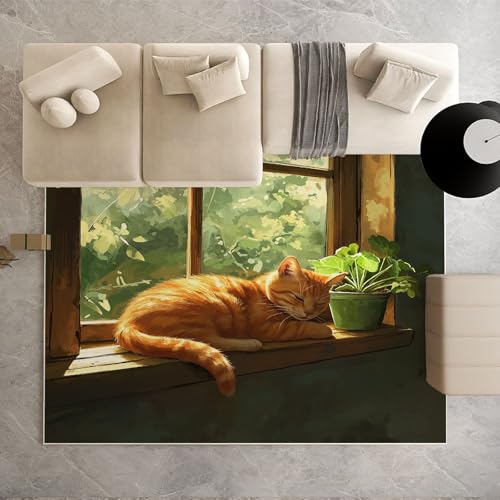 Biauyaii Niedlich Orange Katze Teppich Schlafzimmer 180 x 270 cm Kawaii Kätzchen Teppiche rutschfest Waschbarer RugCarpet Weiche Kurzflor für Küche Esszimmer Kinderzimmer von Biauyaii