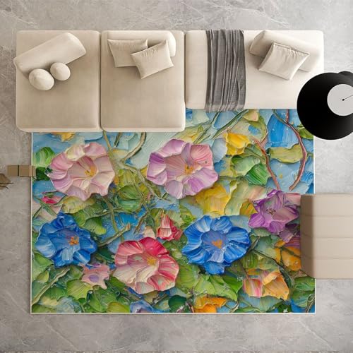 Biauyaii Ölgemälde Blumen Malerei Teppich Schlafzimmer 240 x 340 cm Bunt Prunkwinde Teppiche rutschfest Waschbarer RugCarpet Weiche Kurzflor für Küche Esszimmer Kinderzimmer von Biauyaii