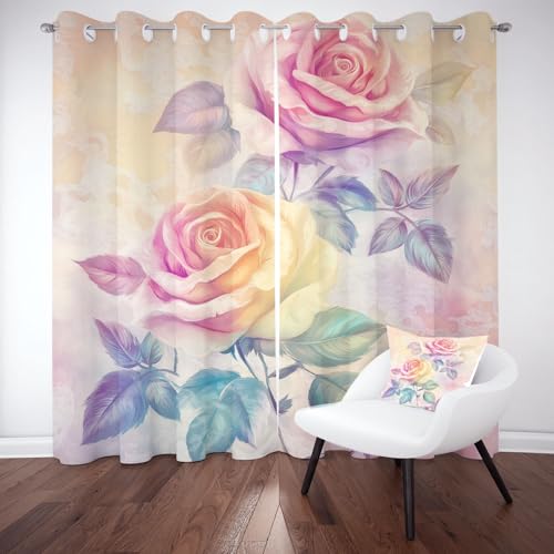 Biauyaii Ölgemälde Bunt Blumen Vorhang Verdunkelung 175 x 140 cm 2er Pack Blühen Stieg Blumenmuster Vorhänge Blickdicht küchengardinen Wohnzimmer Gardinen Thermovorhang Hitzeschutz für Schlafzimmer von Biauyaii