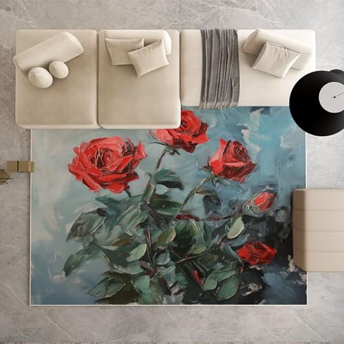 Biauyaii Ölgemälde Stieg Rose Teppich Kinderzimmer Waschbarer rutschfest Rug Blühen Blumen Teppich Weiche Kurzflor 60 x 110 cm Carpet für Wohnzimmer Schlafzimmer Bürostuhl Küche von Biauyaii