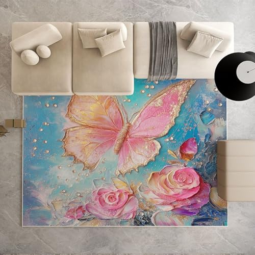 Biauyaii Ölgemälde Stieg Schmetterling Teppich Kinderzimmer Waschbarer rutschfest Rug Rosa Gold Blau Teppich Weiche Kurzflor 60 x 110 cm Carpet für Wohnzimmer Schlafzimmer Bürostuhl Küche von Biauyaii
