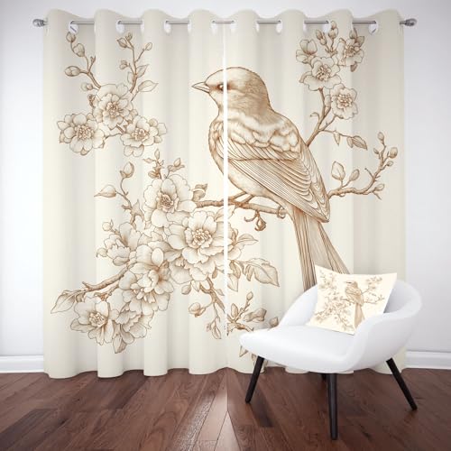 Biauyaii Orientalisch Handgezeichnet Vorhang Blackout mit Ösen Vögel Filialen Blumen Gardinen Blickdicht Wohnzimmer Schlafzimmer Vorhänge Thermovorhang Fenster Verdunkelung H280 x B175 cm (2er Pack) von Biauyaii