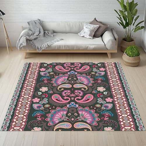 Biauyaii Paisley Pattern Blumen Teppich Wohnzimmer Weicher rutschfest 140 x 200 cm Exotisch Ethnischer Stil Carpet Waschbarer Kurzflor Flanell Rug für Schlafzimmer kinderteppich Bettvorleger Küche von Biauyaii