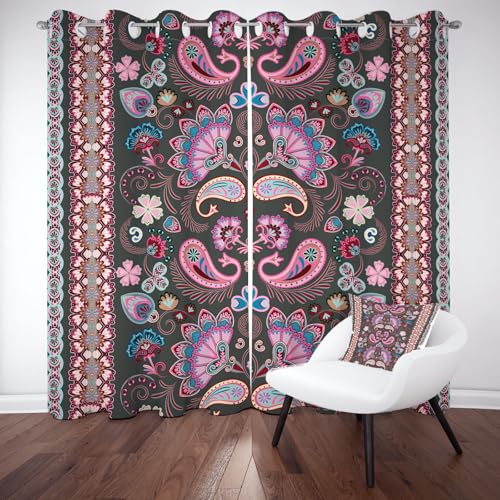 Biauyaii Paisley Pattern Blumen Vorhänge Verdunkelung Hitzeschutz Exotisch Ethnischer Stil Gardinen Thermovorhang mit Ösen 137x117 cm (2er Pack) Vorhänge Blickdicht Wohnzimmer Schlafzimmer von Biauyaii