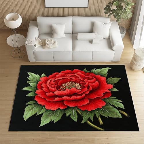 Biauyaii Pfingstrose Blumen Teppich Schlafzimmer 200 x 300 cm Modern Orientalisch Teppiche rutschfest Waschbarer RugCarpet Weiche Kurzflor für Küche Esszimmer Kinderzimmer von Biauyaii