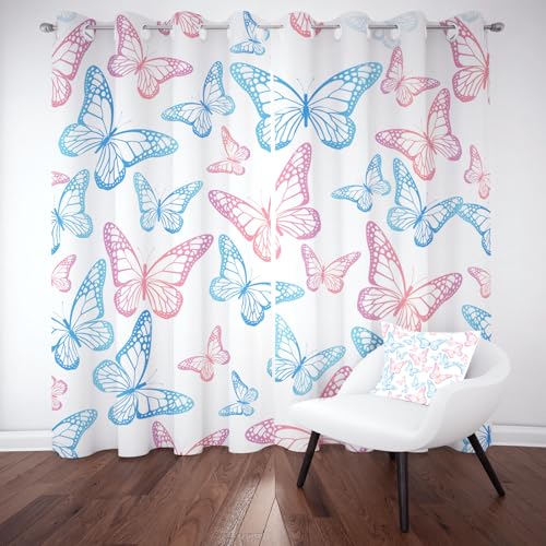 Biauyaii Schmetterling Druck Vorhang Blickdicht Thermovorhang Kälteschutz Bunt Schmetterlingsmuster Vorhänge Verdunklungs Wohnzimmer 225x140 cm (2er Pack) Ösenvorhang Schallschutz für Schlafzimmer von Biauyaii