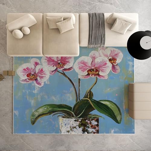 Biauyaii Topfpflanzen Phalaenopsis Teppich Kinderzimmer Waschbarer rutschfest Rug Blumenmuster Teppich Weiche Kurzflor 80 x 150 cm Carpet für Wohnzimmer Schlafzimmer Bürostuhl Küche von Biauyaii