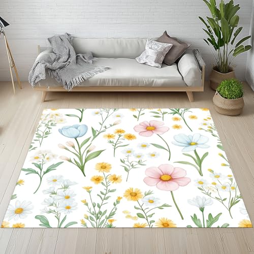 Biauyaii Tulip Gänseblümchen Teppich Kinderzimmer Waschbarer rutschfest Rug Pastoral Blumenmuster Teppich Weiche Kurzflor 60 x 110 cm Carpet für Wohnzimmer Schlafzimmer Bürostuhl Küche von Biauyaii
