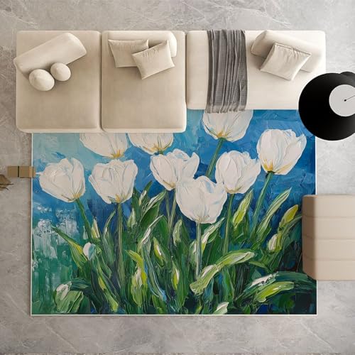 Biauyaii Tulpe Blumen Weiß Teppich Kinderzimmer Waschbarer rutschfest Rug Ölgemälde Malerei Teppich Weiche Kurzflor 100 x 160 cm Carpet für Wohnzimmer Schlafzimmer Bürostuhl Küche von Biauyaii