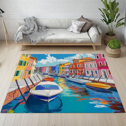 Biauyaii Venedig Kleine Stadt Teppich Wohnzimmer Weicher rutschfest 140 x 200 cm Karikatur Bunt Ölgemälde Carpet Waschbarer Kurzflor Flanell Rug für Schlafzimmer kinderteppich Bettvorleger Küche von Biauyaii