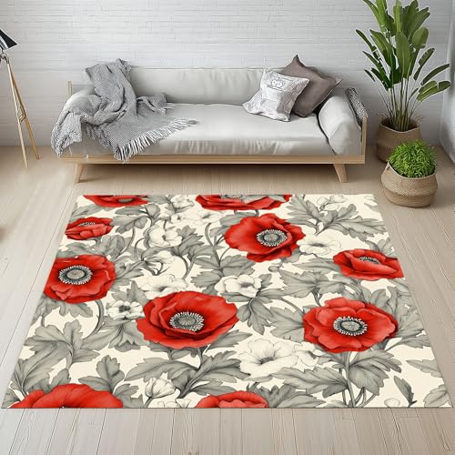 Biauyaii Vintage Blumen Teppich Wohnzimmer Weicher rutschfest 140 x 200 cm Blühen Blumenmuster Carpet Waschbarer Kurzflor Flanell Rug für Schlafzimmer kinderteppich Bettvorleger Küche von Biauyaii
