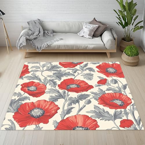 Biauyaii Vintage Blumenmuster Teppich Wohnzimmer Weicher rutschfest 140 x 200 cm Blühen Blumen Carpet Waschbarer Kurzflor Flanell Rug für Schlafzimmer kinderteppich Bettvorleger Küche von Biauyaii