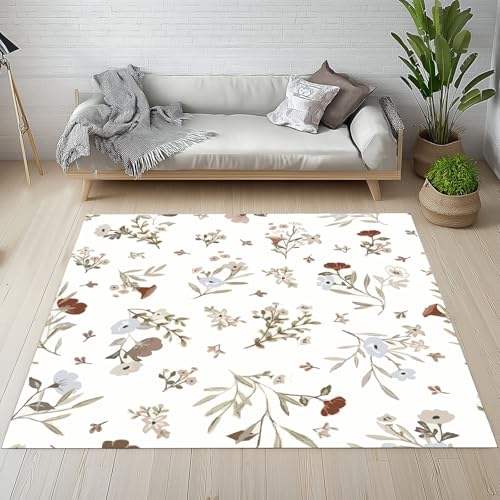 Biauyaii Vintage Blumenmuster Teppich Wohnzimmer Weicher rutschfest 140 x 200 cm Moderner Blühen Blumen Carpet Waschbarer Kurzflor Flanell Rug für Schlafzimmer kinderteppich Bettvorleger Küche von Biauyaii