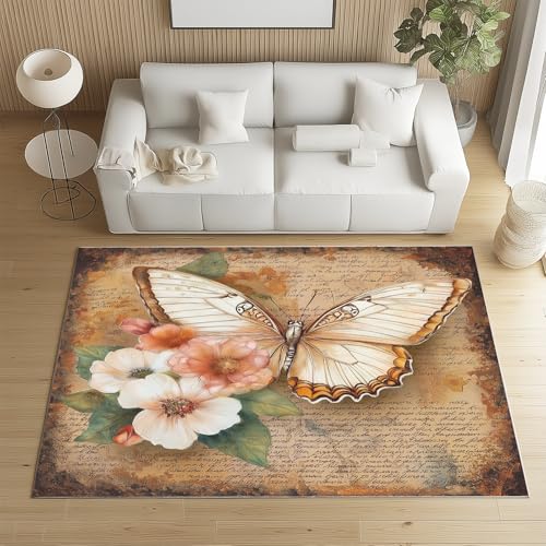Biauyaii Vintage Schmetterling Teppich Kinderzimmer Waschbarer rutschfest Rug Bunt Blumenmuster Teppich Weiche Kurzflor 100 x 160 cm Carpet für Wohnzimmer Schlafzimmer Bürostuhl Küche von Biauyaii