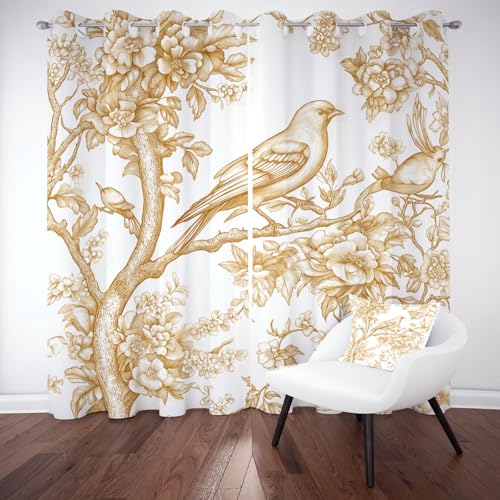 Biauyaii Vögel Filialen Blumen Vorhang mit Verdunkelung H210 x B132 cm 2er Pack Orientalisch Handgezeichnet Vorhänge Blickdicht für Küche Balkontür Schlafzimmer Gardinen Hitzeschutz Tür mit Ösen von Biauyaii