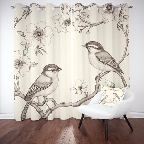 Biauyaii Vögelchen Blumen Filialen Vorhänge Blickdicht Hitzeschutz Handgezeichnet Artistic Gardinen Thermovorhang mit Ösen 145x140 cm (2er Pack) Verdunklungsvorhänge Wohnzimmer Schlafzimmer von Biauyaii