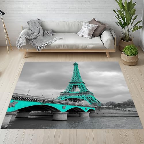 Biauyaii bewölkter Tag Teppich Wohnzimmer Weicher rutschfest 140 x 200 cm Paris Eiffelturm Bridge Carpet Waschbarer Kurzflor Flanell Rug für Schlafzimmer kinderteppich Bettvorleger Küche von Biauyaii