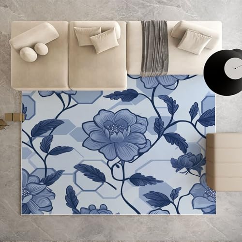 Biauyaii blau-weißes Porzellan Teppich Kinderzimmer Waschbarer rutschfest Rug Blumen Orientalisch Teppich Weiche Kurzflor 60 x 110 cm Carpet für Wohnzimmer Schlafzimmer Bürostuhl Küche von Biauyaii