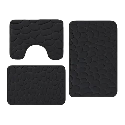 Badezimmerteppich-Set, 3-teilig, Memory-Schaum-Bad-Set, rutschfest, ultraweich, saugfähig, mit U-förmigem WC-Vorleger, Badematten für Badezimmer, waschbare Badematten für die Badewanne (schwarz) von Bibabala