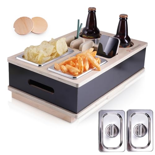 Bibemorol Couchbar Snackbox, Couch Bar Sofa Organizer aus Holz mit Zwei Snackschalen, Flaschenhalter für Tassen und Gläser, Couchbar - Sofatablett - Weinregal - Snackbox - Snackhalter - Couch Butler von Bibemorol