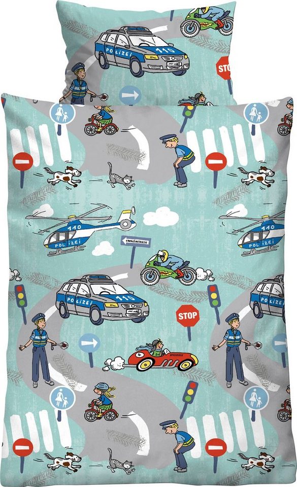 Kinderbettwäsche Ela in Gr. 100x135 oder 135x200 cm, für Kinder, Kinderbettwäsche, Biberna, Feinbiber, 2 teilig, Feinbiber kuschelig warm im Winter, Kinderbettwäsche Polizei, Kinder von Biberna