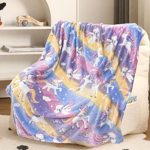 Bibykivn Einhorn Decke Kuscheldecke Kinder - Decke Leuchtet im Dunkeln, Flauschig Kinderdecken, Sofadecke für 1-10 Jährige Mädchen und Jungen, Weiche Wohndecke für Geschenk (Einhorn, 150 x 200cm) von Bibykivn