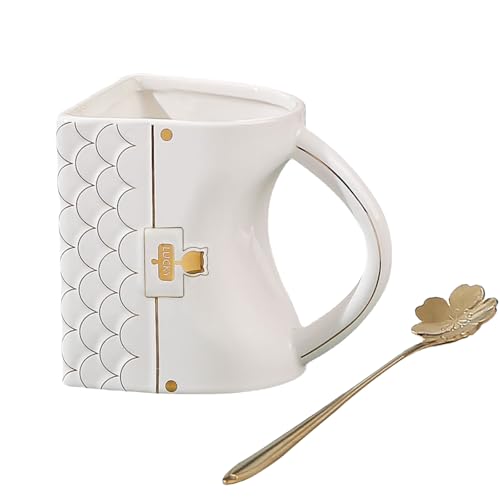 Bibykivn Handtassenförmige Kaffeetasse (400ml) -Süße Keramik-Teetasse mit Löffel, Porzellan-Trinkbecher, Originelles Geschenk für Frauen, Zuhause & Büro (Weiß) von Bibykivn