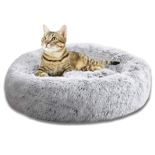 Bibykivn Hundebett Katzenbett, Hund Bett Haustierbett Plüsch Weich Runden Katze Schlafen Bett, Rund Flauschig Haustierbett für Klein-Mittelgroße Hunde Maschinenwaschbar (50×50 cm, Grau-weiß) von Bibykivn