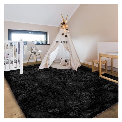 Bibykivn Teppich Flauschig Wohnzimmer Hochflor Teppiche, Anti-Rutsch Unterseite Waschbarer Teppich, Komfortabler Shaggy Langflor Teppich, Schlafzimmer Weich Carpet Groß (Schwarz, 120x160 cm) von Bibykivn