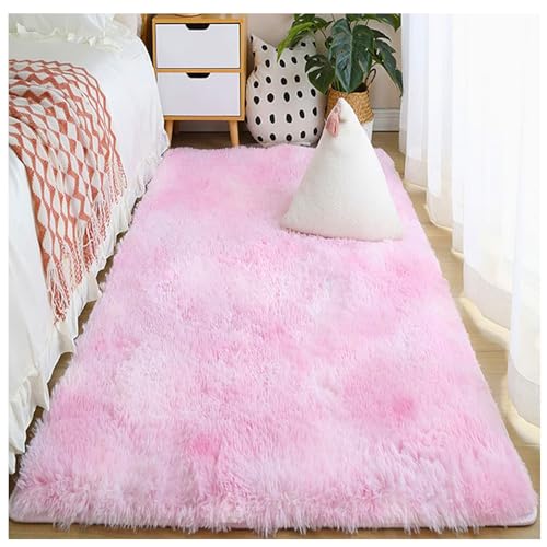 Bibykivn Teppich Wohnzimmer Hochflor Teppiche Waschbarer, 80x160cm Moderner Langflor Teppiche Anti-Rutsch Unterseite Carpet, Weich Teppich Groß für Wohnzimmer Schlafzimmer Schlafsaal (Hell Pink) von Bibykivn