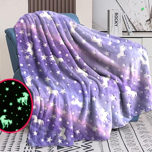 Bibykivn Einhorn Decke Kuscheldecke Kinder - Decke Leuchtet im Dunkeln, Flauschig Kinderdecken, Sofadecke für 1-10 Jährige Mädchen und Jungen, Weiche Wohndecke für Geschenk (Lila, 120 x 150cm) von Bibykivn
