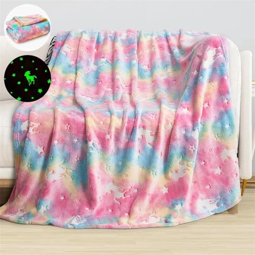 Bibykivn Einhorn Decke Kuscheldecke Kinder - Decke Leuchtet im Dunkeln, Flauschig Kinderdecken, Sofadecke für 1-10 Jährige Mädchen und Jungen, Weiche Wohndecke für Geschenk (Farbig, 120 x 150cm) von Bibykivn