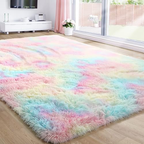 Flauschiger Teppich Wohnzimmer - Batik-teppiche Wohnzimmer Modern mit Anti-Rutsch Unterseite, Hochflor Shaggy Teppiche Langflor für Kinderzimmer, Schlafzimmer Geeignet, Flur (40 x 60 cm, Regenbogen) von Bibykivn