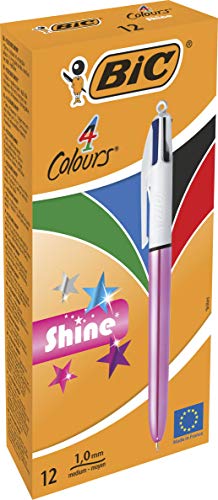 BIC 4 Farben Kugelschreiber Set 4 Colours Shine, Schaft in metallic pink, 12er Pack, Ideal für das Büro, das Home Office oder die Schule von Bic