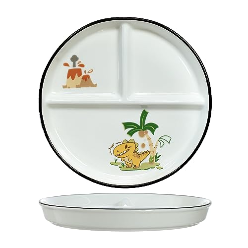 1 x Keramik-Dinosaurier-Portionskontrollteller für rationales Essen, geteilter Dessertteller, Salatteller, Speiseteller, Gelb, 20,3 cm von Bicuzat