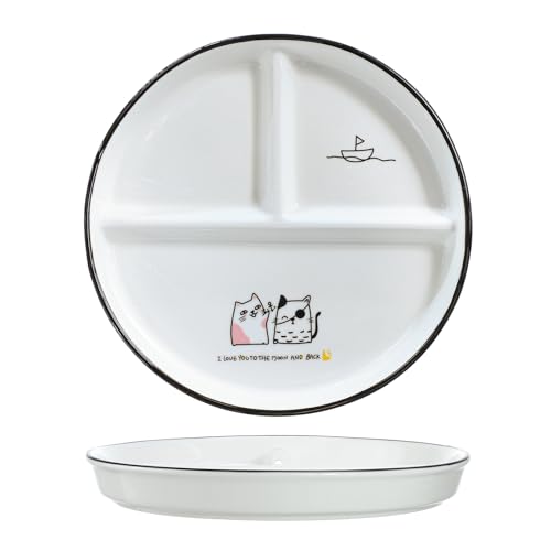 Bicuzat 1 Stück Keramik-Portionskontrollteller unterteilte Schale für gesundes Essen und Gewichtsverlust, geteilter Dessertteller, Salatteller, Speiseteller, 20,3 cm, Freund Katzen von Bicuzat